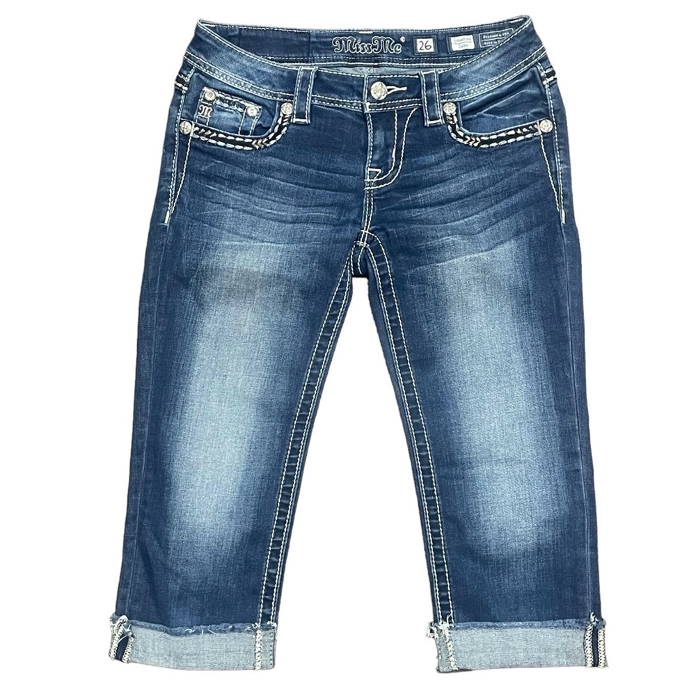 Miss Me Jeans Signature Capri Womens 26 Cuffed Flap Pocket Dark Wash Embellished - Picture 4 of 9